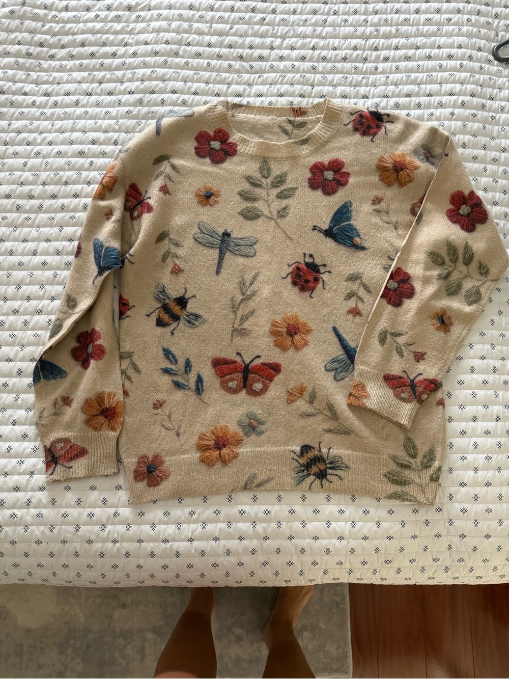 Embroidered Cream Floral & Insect Knit Sweater - Picture 2 of 2
